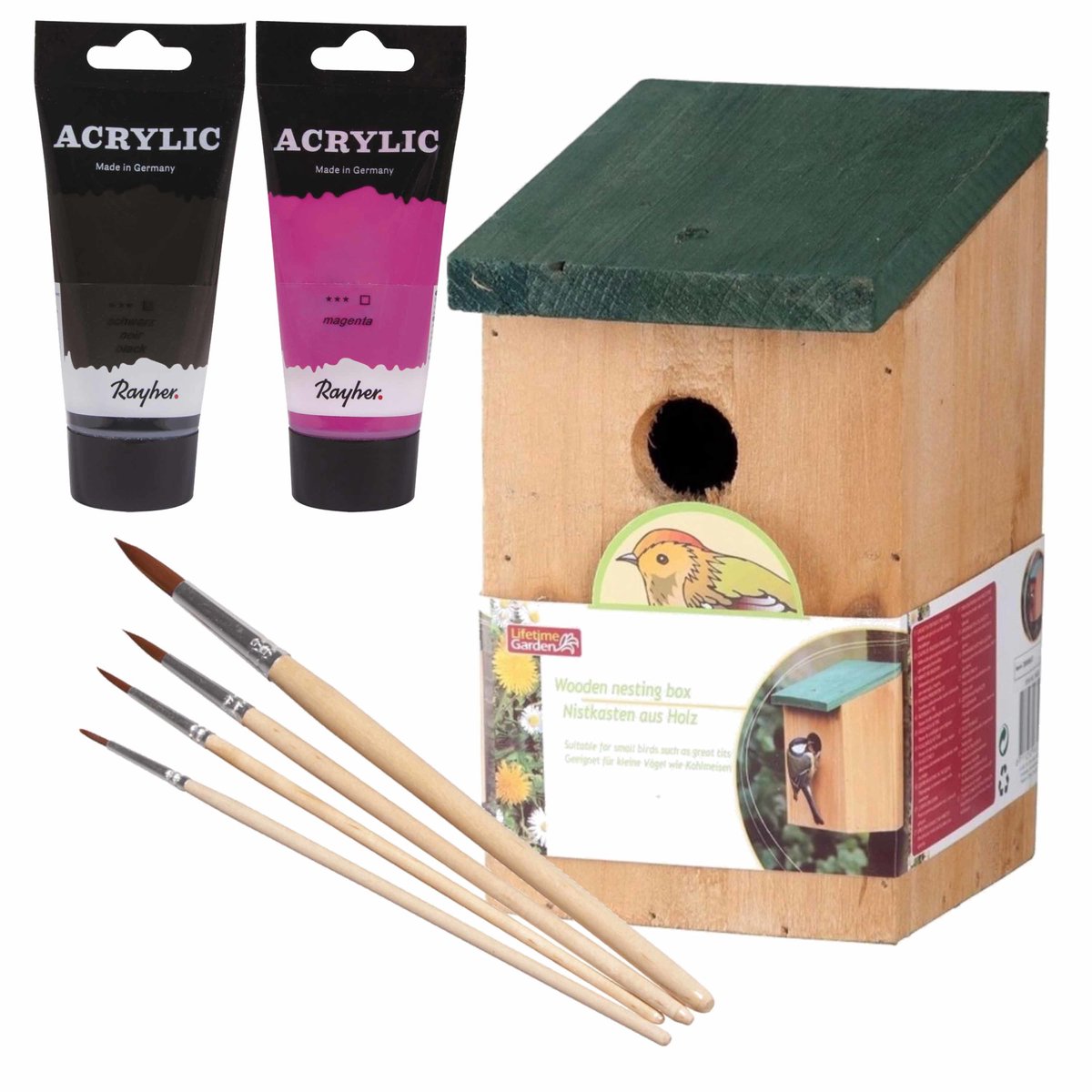 Houten vogelhuisje/nestkastje 22 cm - in het zwart/roze maken - Dhz schilderen pakket - 2x tubes verf en kwasten