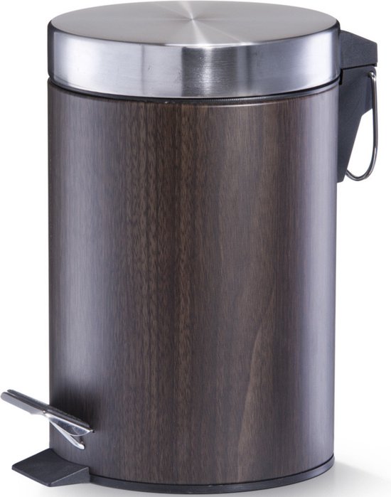 1x Donker bruine houtprint vuilnisbakken/pedaalemmers 3 liter van 17 x 26 cm - Zeller - Huishouding - Badkameraccessoires/benodigdheden - Toiletaccessoires/benodigdheden - Kleine prullenbakken