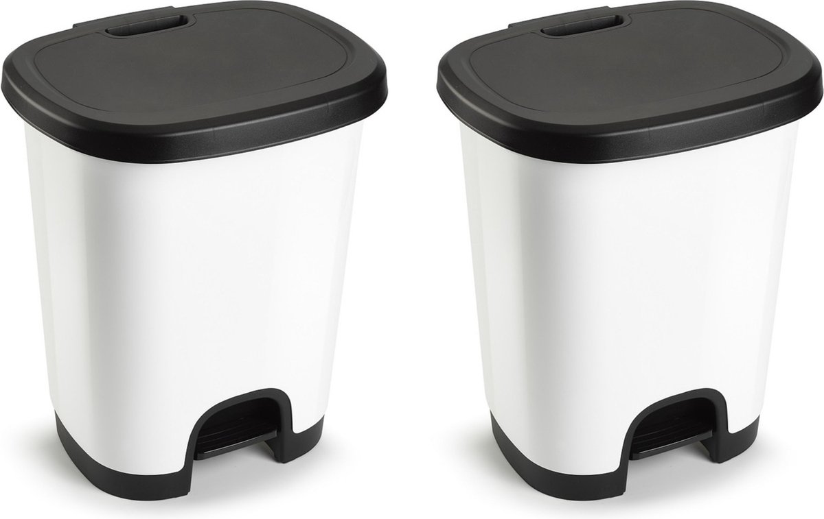 Goedkoopste Set van 2x stuks kunststof afvalemmers/vuilnisemmers/pedaalemmers in het wit/zwart van 27 liter met deksel en pedaal. 38 x 32 x 45 cm.