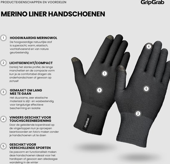 GripGrab - Merino Wool Liner Handschoenen Fiets Onderhandschoenen Touchscreen Fietshandschoenen met Merinowol - Zwart - Unisex - Maat XL/XXL — afbeelding 3