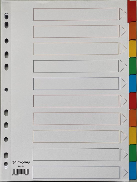 Pergamy tabbladen met indexblad, ft A4, 11-gaatsperforatie, geassorteerde kleuren, 10 tabs - Pergamy