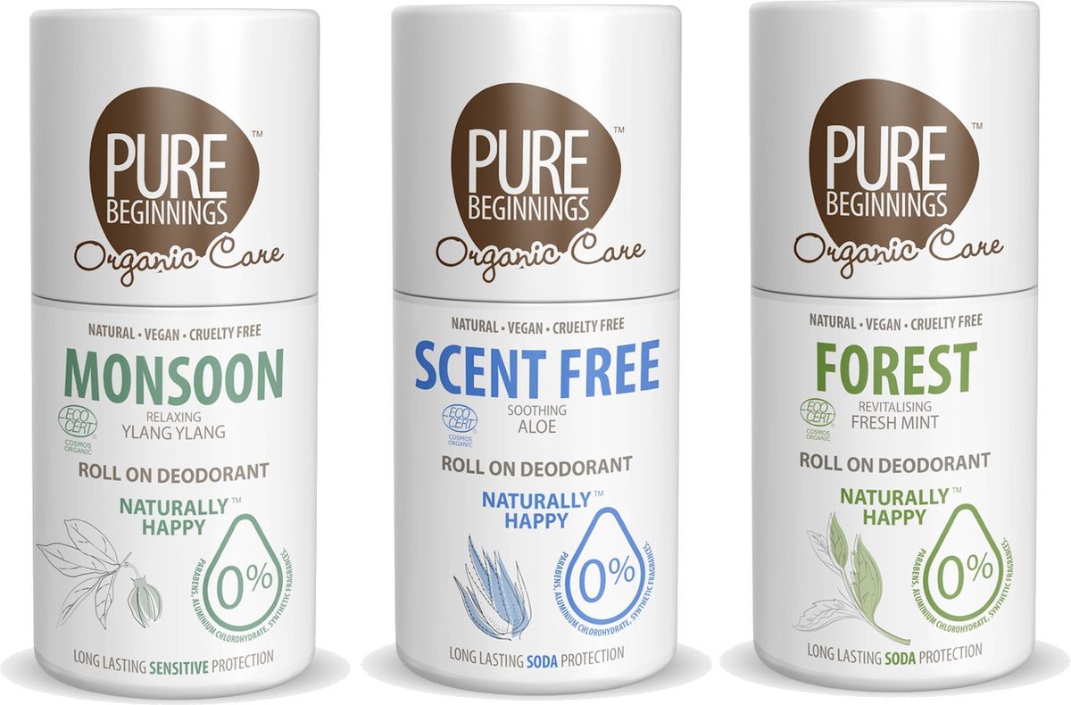Pure Beginnings - Roll on deodorant - Monsoon + Scent Free + Forest - 3 Pak - Voordeelverpakking