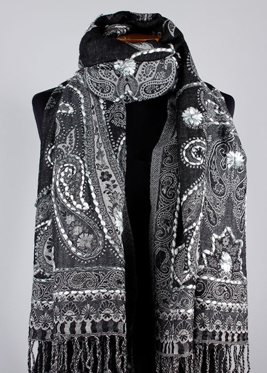 Wollen geborduurde sjaal en omslagdoek Donker Grijszwart