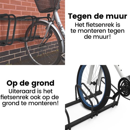 Montagemogelijkheden voor het fietsenrek: tegen een muur of op de grond. Fietsenrek met zwarte, gebogen steunen.