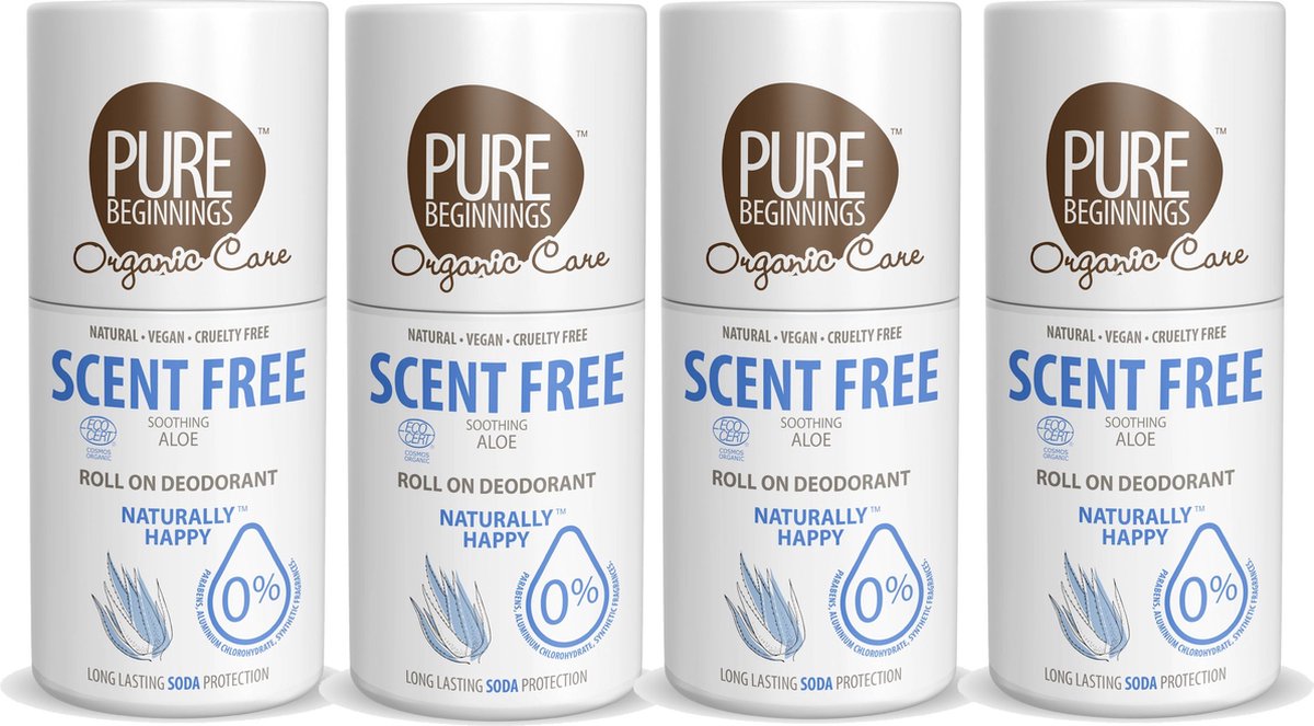 Pure Beginnings - Roll on deodorant - Scent Free - Soothing Aoe - 75ml - 4 Pak - Voordeelverpakking