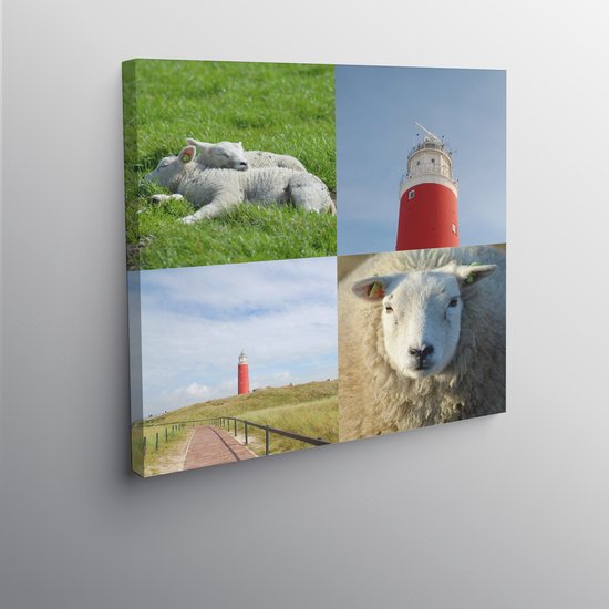 Texelphotos.nl - Foto afdruk op canvas - Texel Zomer - Duinen - Strand - Zee - Vuurtoren - Lammetjes - Schaap - Canvas doek – Wanddecoratie - Foto collage – Natuur - Landschap - 60 x 60 cm.