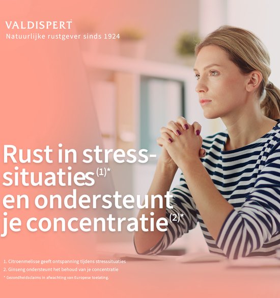 Vrouw met handen gevouwen, denkt na. Tekst: Rust in stress-situaties en ondersteunt je concentratie.