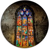 WallClassics - Dibond Muurcirkel - Glas-in-lood Raam in de Notre-Dame Kerk - 70x70 cm Foto op Aluminium Muurcirkel (met ophangsysteem)
