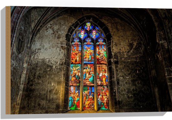 WallClassics - Bois - Glas de l'Église Notre-Dame - 60x40 cm - 9 mm d'épaisseur - Photo sur Bois (Avec système d'accrochage)