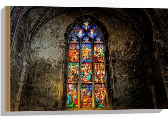 WallClassics - Hout - Glas-in-lood Raam in de Notre-Dame Kerk - 60x40 cm - 9 mm dik - Foto op Hout (Met Ophangsysteem)