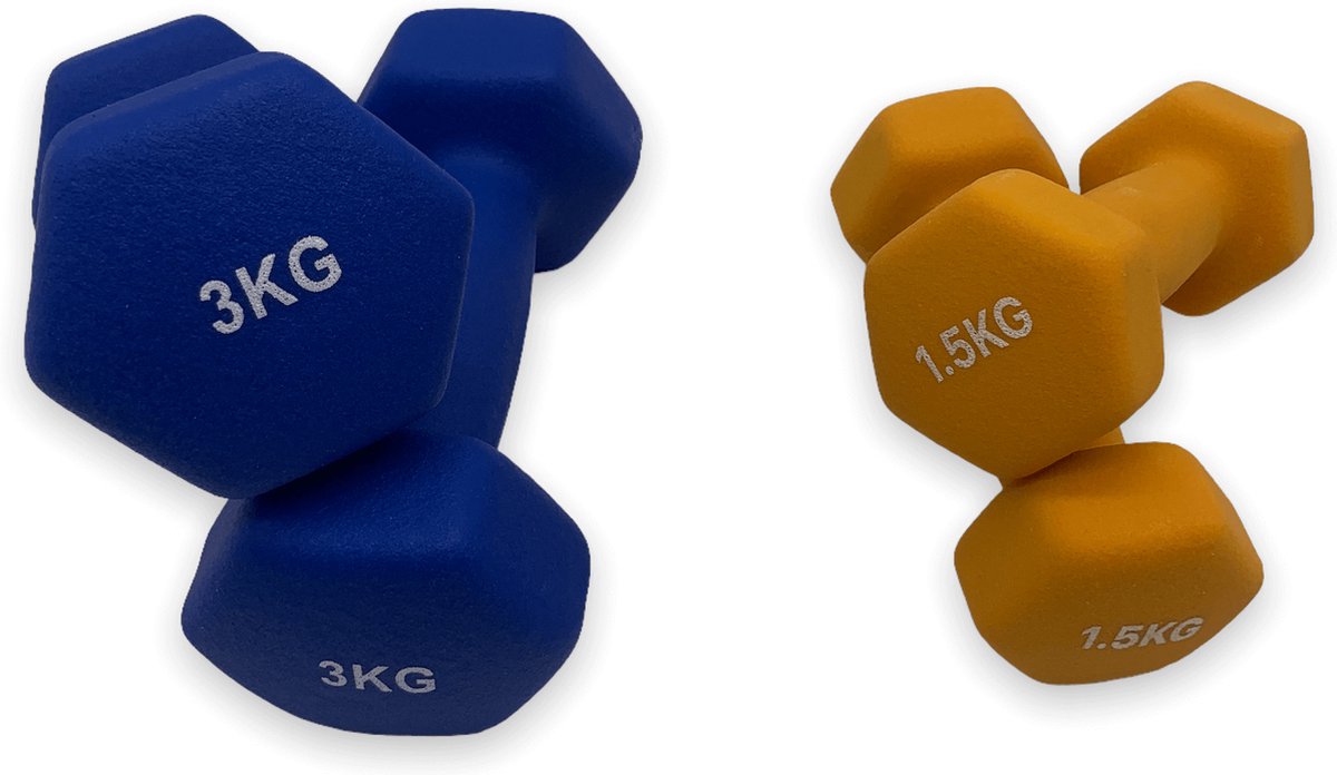 dumbells - Neopreen set 1,5 en 3 kg - dumbellset - fitness gewicht - oranje en blauw - halterset