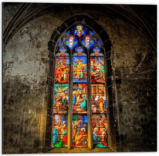 WallClassics - Dibond - Glas-in-lood Raam in de Notre-Dame Kerk - 50x50 cm Foto op Aluminium (Met Ophangsysteem)