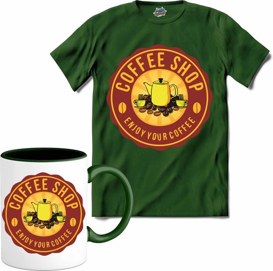 Enjoy Your Coffee | Koffie - Vintage - T-Shirt met mok - Unisex - Bottle Groen - Maat 3XL