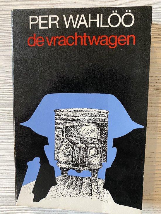 Boekomslag van 'De vrachtwagen' door Per Wahlöö. Zwarte achtergrond met blauw profiel van een hoofd en een vrachtwagen getekend met stippen.