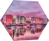 WallClassics - Dibond Hexagon - Gekleurde Huizen aan de Haven - 70x60.9 cm Foto op Hexagon (Met Ophangsysteem)
