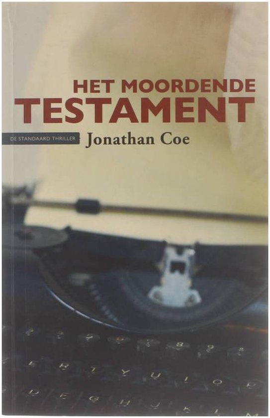 Boekomslag van "Het Moordende Testament" door Jonathan Coe, met een typemachine op de voorgrond.