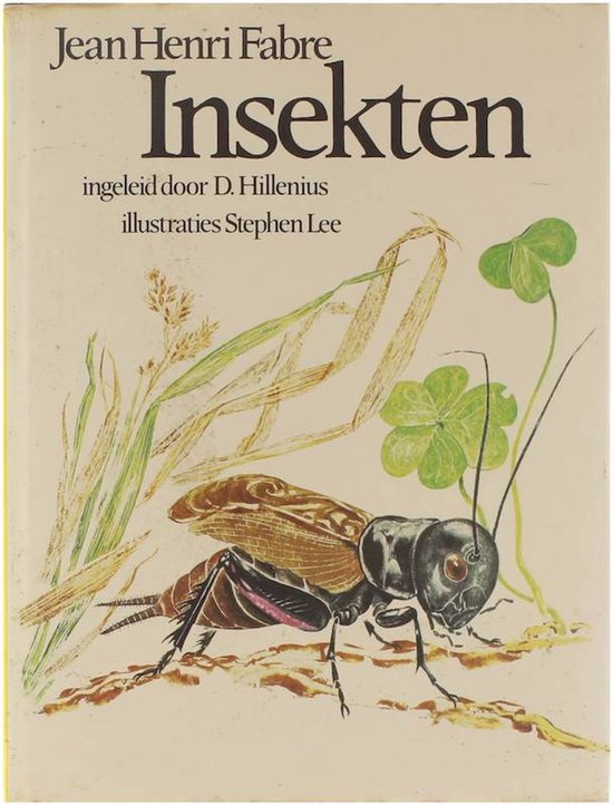 Boek 'Insekten' van Jean Henri Fabre, met illustraties van Stephen Lee. Een krekel in close-up op een witte achtergrond met planten.