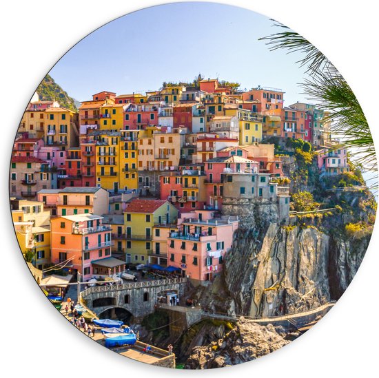 WallClassics - Dibond Wall Circle - Maisons colorées sur la Berg - Italie - 80x80 cm Photo sur Aluminium Wall Circle (avec système d'accrochage)