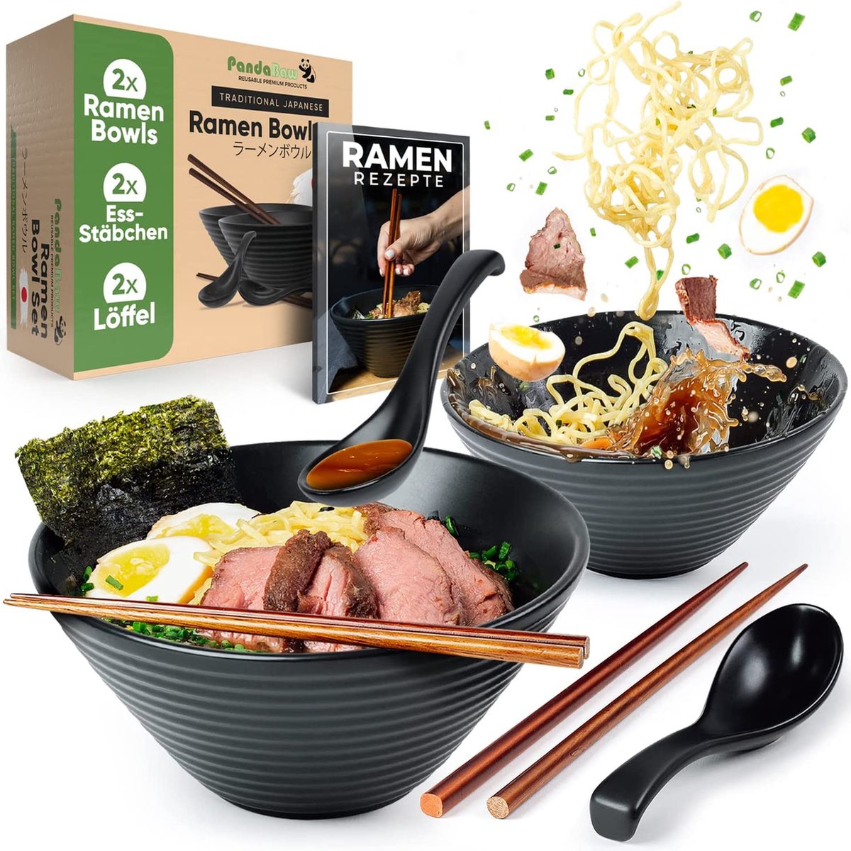 PandaBaw® Ramen Bowl Set [KERAMIEK] - 2x Premium Ramen Bowl Bowl - Japanse Ramen Bowl Set - Ramen Bowl Set - Traditioneel Japans Servies, Aziatisch Servies [+RECEPTEN]