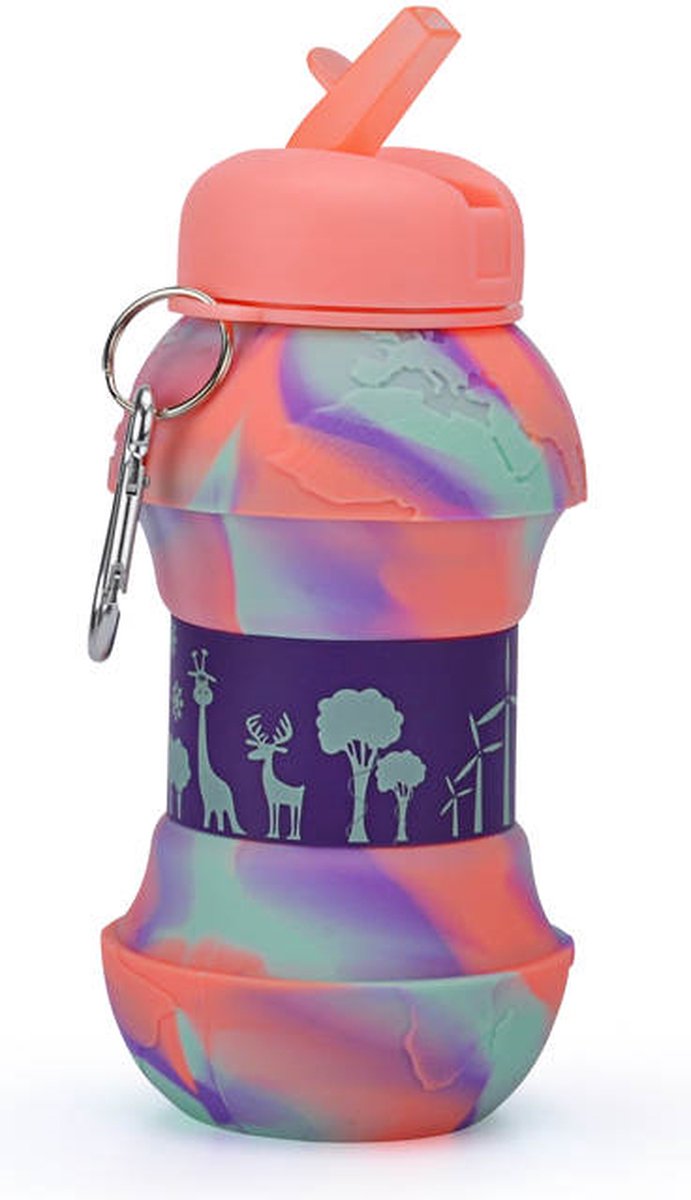 Wereld kaart oranje 600 ml waterfles voor kinderen - Pop it waterfles - Sportfles -Back to school - Stress relief features - Manks Kids Collections waterbottle - Easy fold waterfles - Reis waterfles