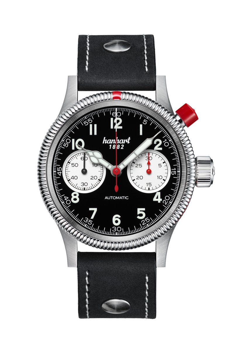 Hanhart Pioneer MK I Reverse Panda Horloge Zwart - zwarte band - geribbelde kast - 40 mm