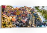 WallClassics - Hout - Gekleurde Huizen op de Berg - Italië - 100x50 cm - 9 mm dik - Foto op Hout (Met Ophangsysteem)