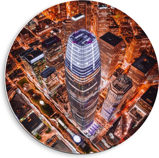 WallClassics - PVC Schuimplaat Muurcirkel - De Salesforce Tower vanaf boven - 40x40 cm Foto op Muurcirkel (met ophangsysteem)