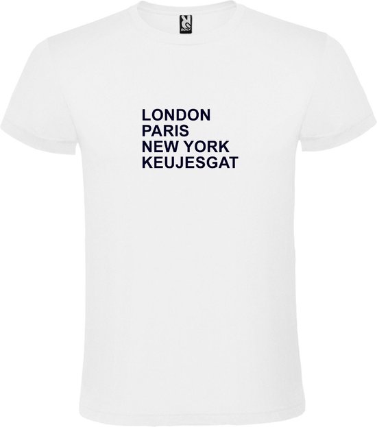 wit T-Shirt met London,Paris, New York , Keujesgat tekst Zwart Size XXXXL