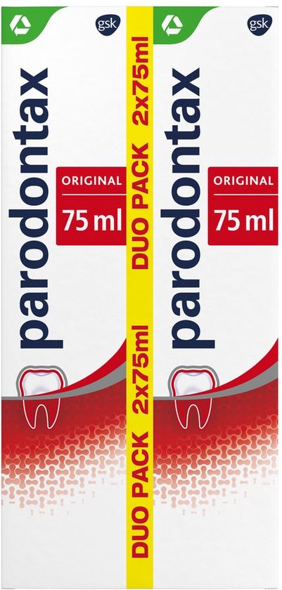 Duo pack van twee tubes Parodontax Original tandpasta van 75 ml in een kartonnen verpakking.