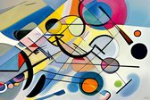 JJ-Art (Glas) 90x60 | Abstract in Kandinsky stijl – kleurrijk - felle kleuren - kunst – woonkamer slaapkamer | rood, geel, blauw, oranje, groen, modern | Foto-Schilderij print (wanddecoratie)