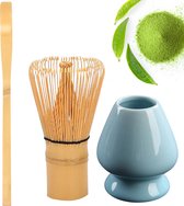 Winkrs - Matcha Thee set met bamboe garde & theelepel met een blauwe houder van keramiek - Matcha Klopper/Whisk - Japanse Theeceremonie