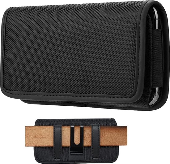 Holster de téléphone noir avec texture en tissu et une fermeture velcro à l'arrière pour une ceinture.