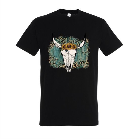 T-shirt Summerflower cow - Zwart T-shirt - Maat M - T-shirt met print - T-shirt heren - T-shirt dames