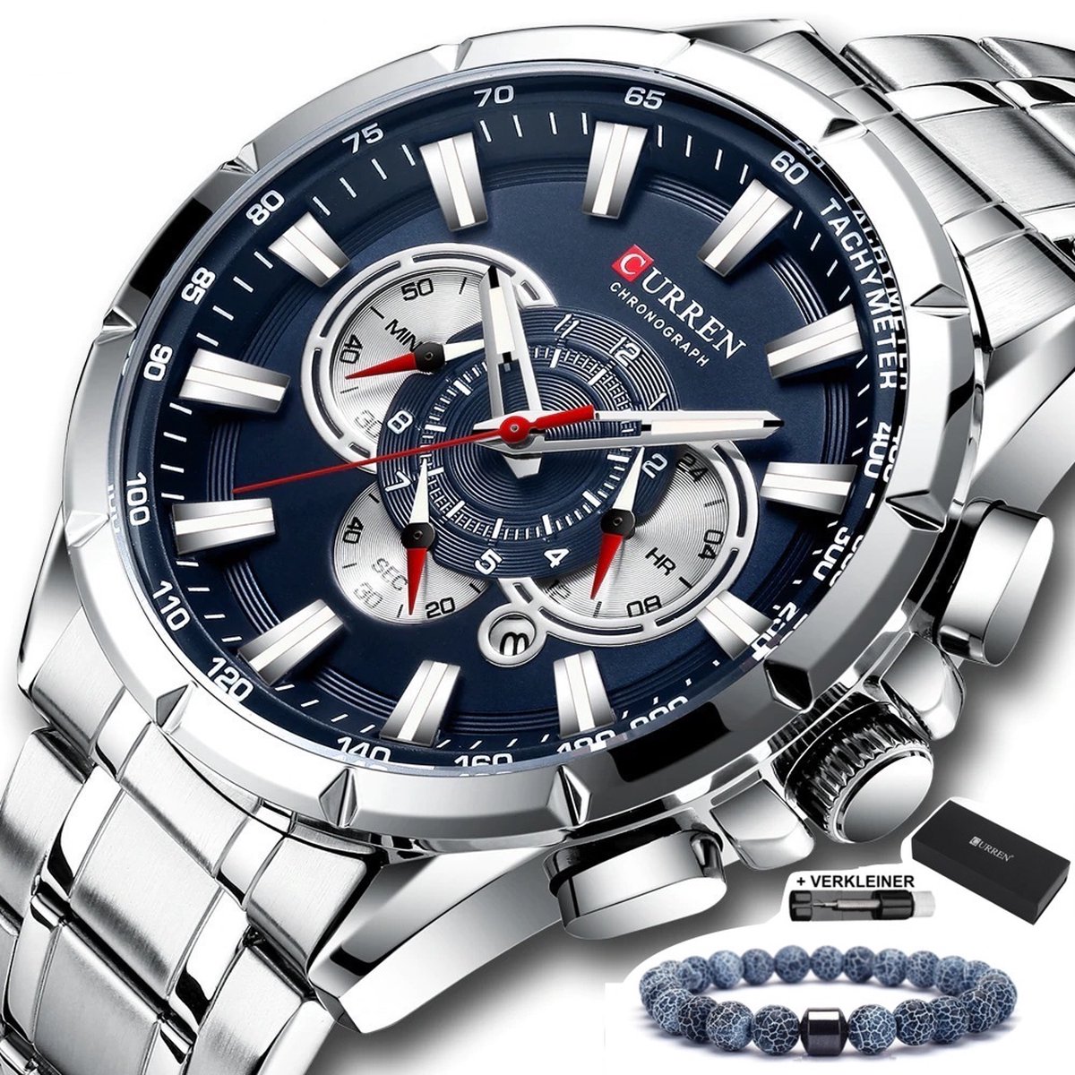 Curren - Horloge Heren - Cadeau voor Man - Horloges voor Mannen - 48 mm - Zilver Blauw