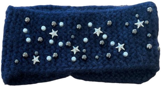 Hoofdband Winter - Gebreide Dames winter haarband - Oorwarmers - Donkerblauw met ster decoraties