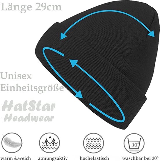 Zwarte beanie met pijlmarkeringen die ademend, elastisch en wasbaar op 30 graden aangeven.