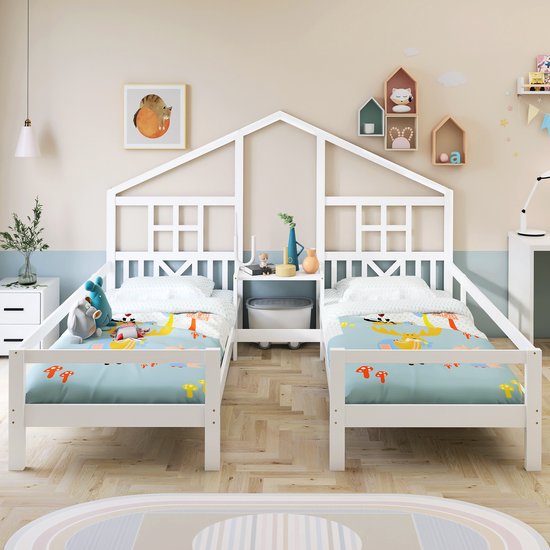 Tweelingformaat Huisbed-dubbel bed met tafel-pine houten frame-wit 90x200cm  voor twee... | bol.com