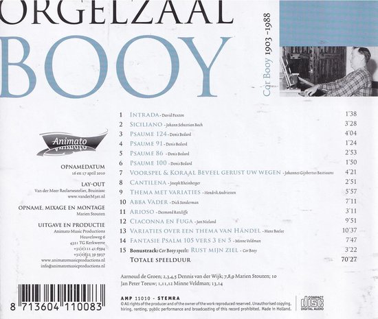 Booy orgelzaal, met titel en tracklist. Achterkant CD hoes.