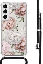 Hoesje met koord geschikt voor Samsung Galaxy S22 - Klassieke bloemen - Inclusief zwart koord - Crossbody beschermhoes - Transparant, Beige - Mooie Telefoonhoesjes