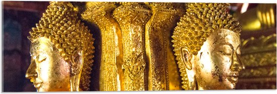 Acrylglas - Pilaar met Gouden Boeddha's en Details - 90x30 cm Foto op Acrylglas (Wanddecoratie op Acrylaat)