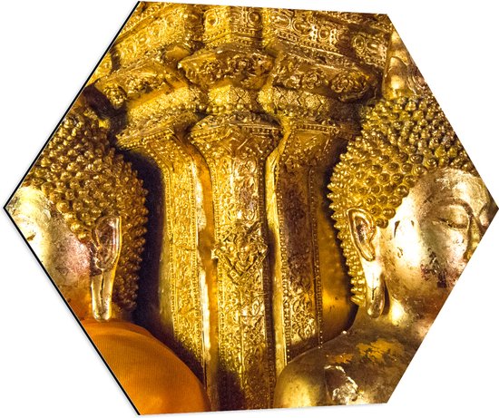 Dibond Hexagon - Pilaar met Gouden Boeddha's en Details - 70x60.9 cm Foto op Hexagon (Met Ophangsysteem)