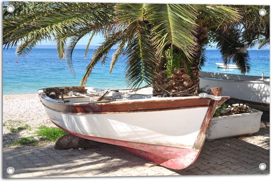 Tuinposter – Oude Vissersboot Geparkeerd op Vlonder onder Palmboom aan de Zee - 75x50 cm Foto op Tuinposter (wanddecoratie voor buiten en binnen)