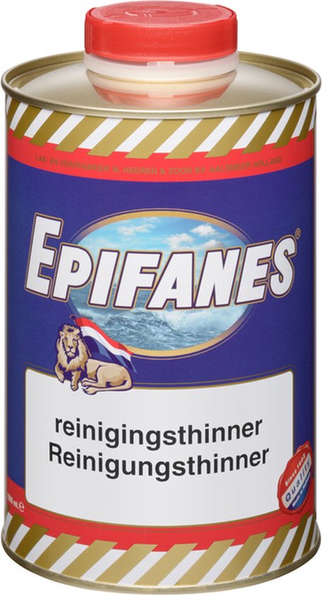 Epifanes reinigingsthinner in een blauwe metalen blik met gouden accenten, een leeuw met vlag en een rode dop..