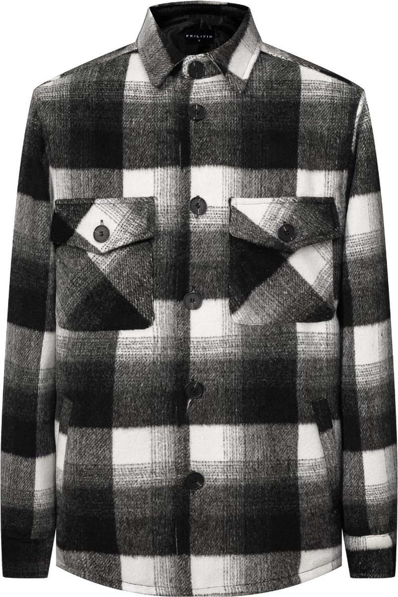 FRILIVIN - Overshirt Heren - Geblokt - Zwart Wit Grijs - Lange Mouwen Flanele Jacket - Geruit - Flannel Jasje Volwassenen - Maat XL