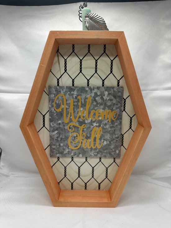 Decoratief houten bord "Welcome Fall" - oranje + geel - hoogte 30x22x4cm - Woonaccessoires - Decoratieve borden