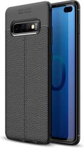 Cadorabo Hoesje geschikt voor Samsung Galaxy S10 PLUS in Diep Zwart - Beschermhoes gemaakt van TPU siliconen met edel kunstleder applicatie Case Cover Etui