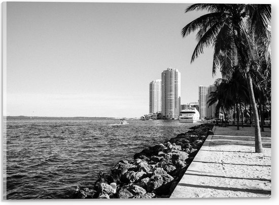 Acrylglas - Palmbomen op het Strand met Uitzicht op Hoge Gebouwen Zwart/Wit - 40x30 cm Foto op Acrylglas (Met Ophangsysteem)