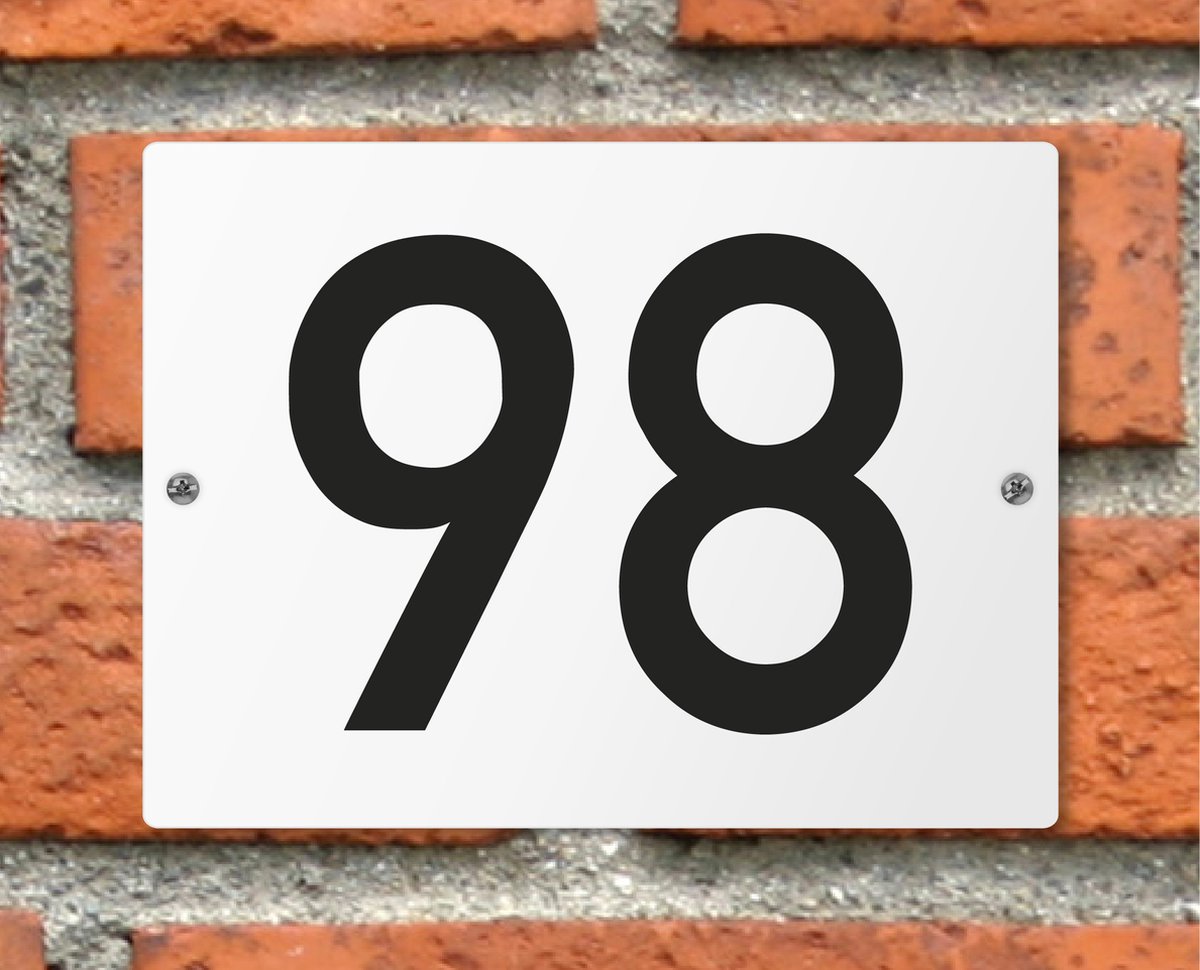 Huisnummerbord wit - Nummer 98 - standaard - 16 x 12 cm - schroeven - naambord - nummerbord - voordeur