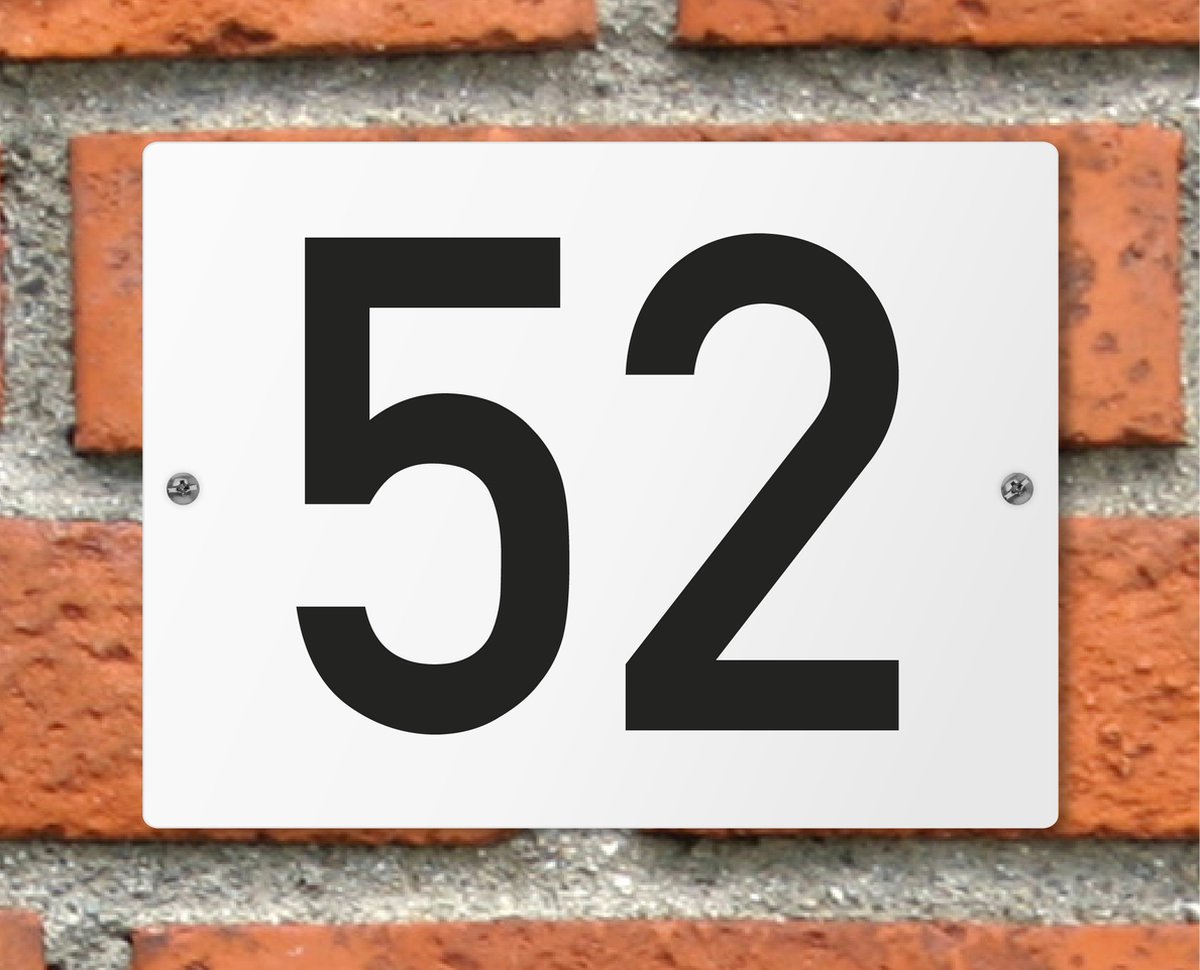 Huisnummerbord wit - Nummer 52 - standaard - 16 x 12 cm - schroeven - naambord - nummerbord - voordeur