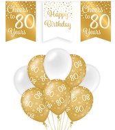 80 Jaar Verjaardag Decoratie Versiering - Feest Versiering - Vlaggenlijn - Ballonnen - Man & Vrouw - Goud en Wit